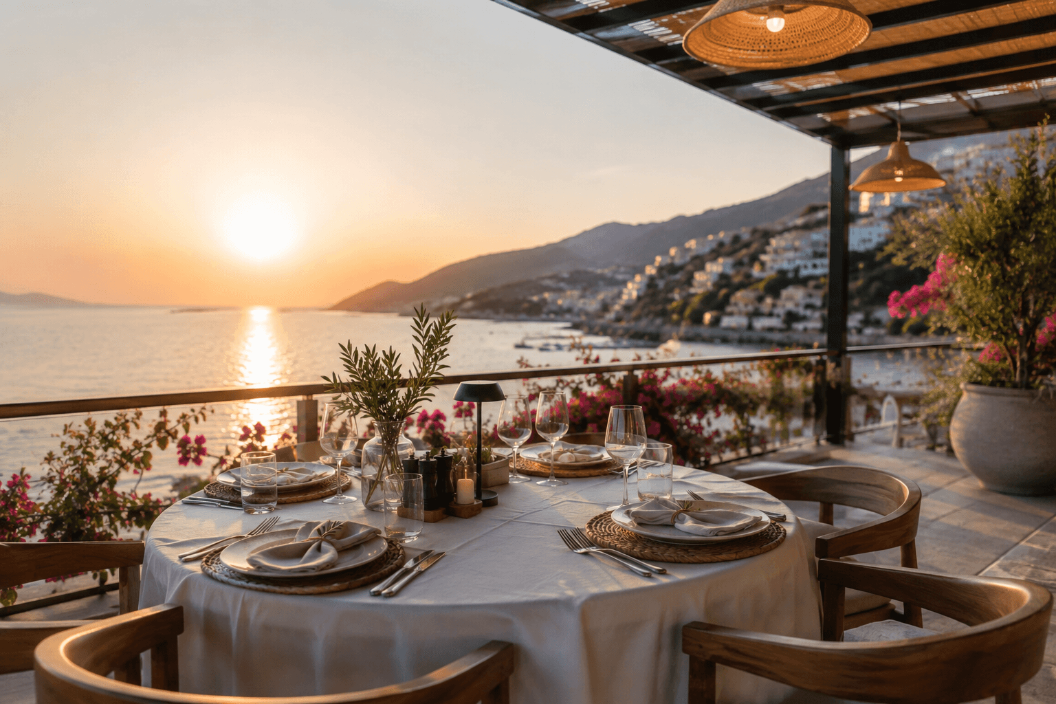 A table set for dinner on a terrace overlooking the Mediterranean at sunset