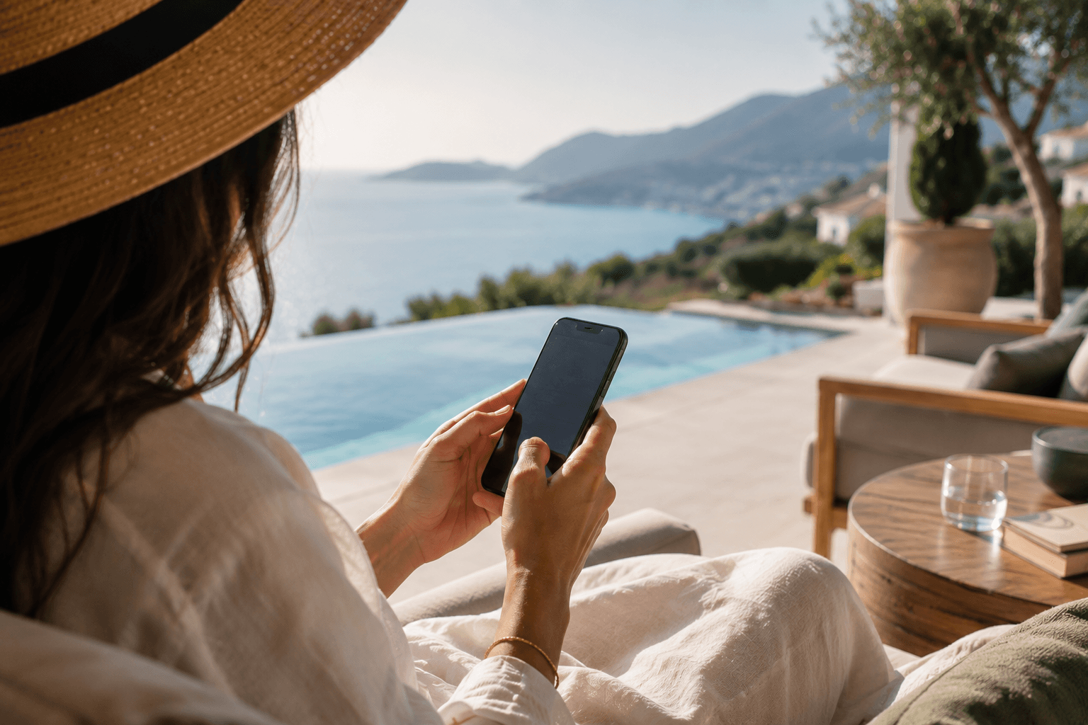 A woman by an infinity pool checking her phone, with a coastal view in the background