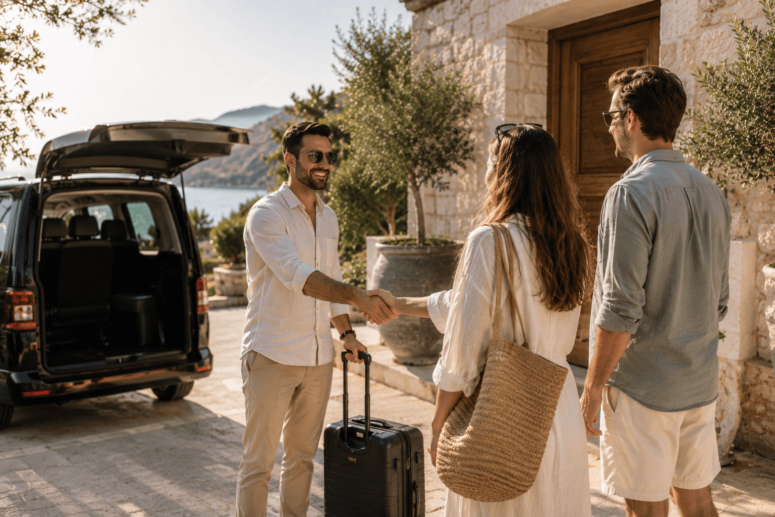 A local contact greeting arriving guests with a handshake beside their vehicle and luggage at a villa entrance