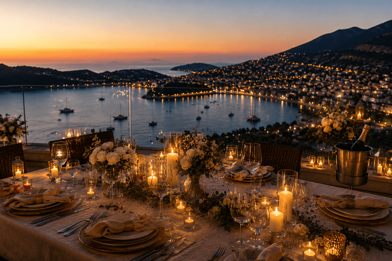 A candlelit terrace table set for a special dinner, overlooking a coastal town at dusk