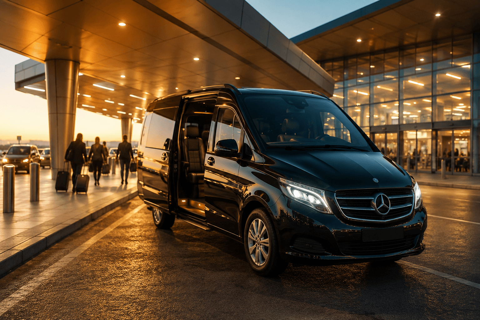 A private transfer vehicle waiting at the airport terminal at dusk